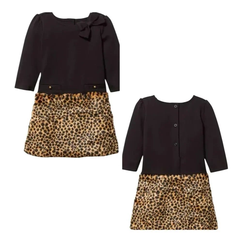 NWT Janie and Jack Ponte Dress Black with Leopard Faux Fur Cotton Blend size 6